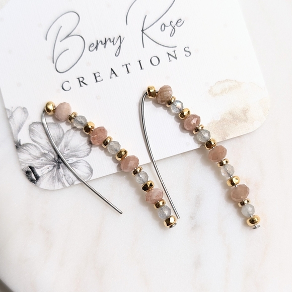 Peach Moonstone Labradorite Beaded Steel Thread Hook Earrings - Picture 4 of 5